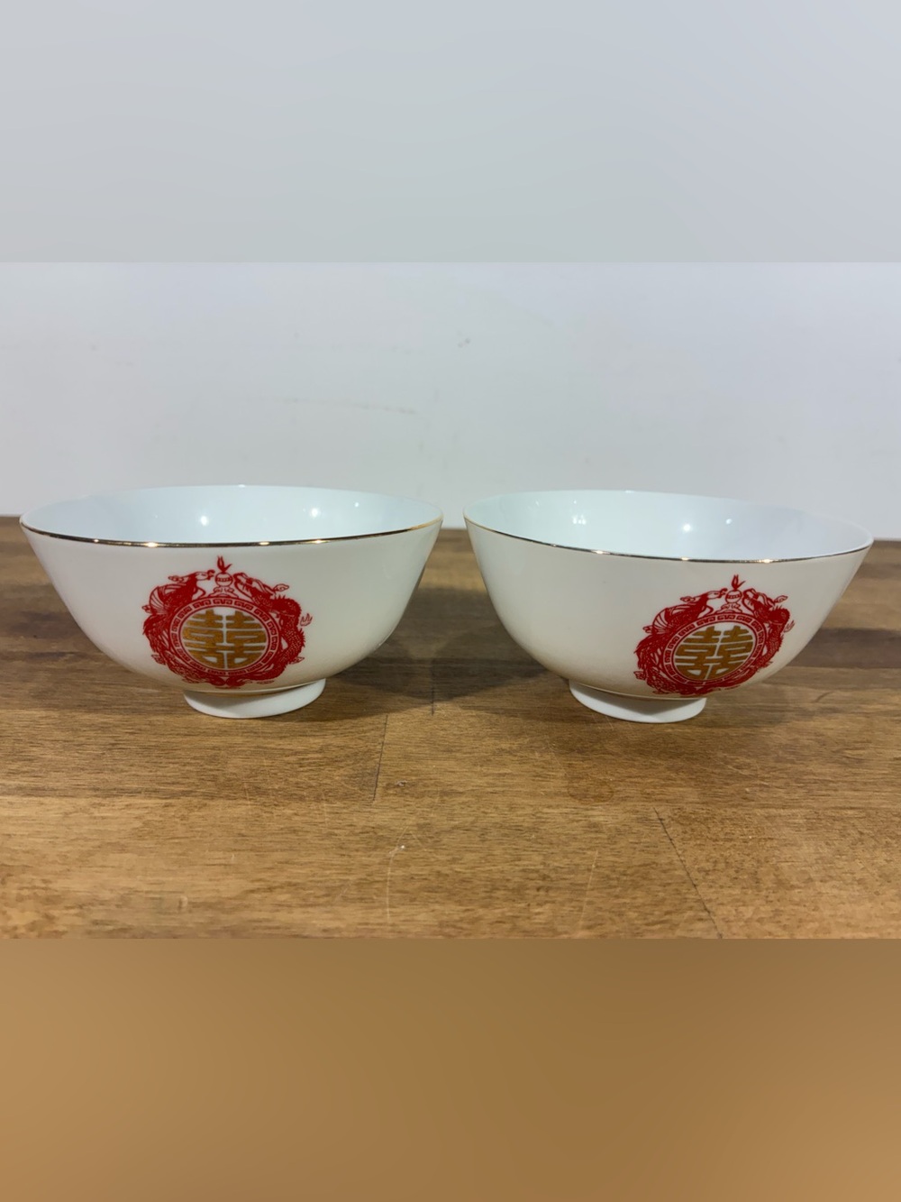 Vintage Tatung Rice Bowls Pair Taiwan Double Happiness Red Gold Dragon 4.25”